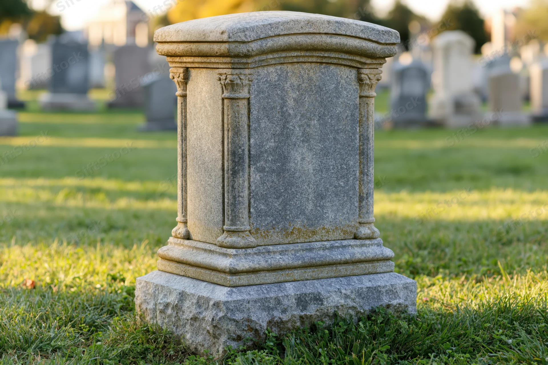 Large blank granite headstone with carved columns in a cemetery lawn