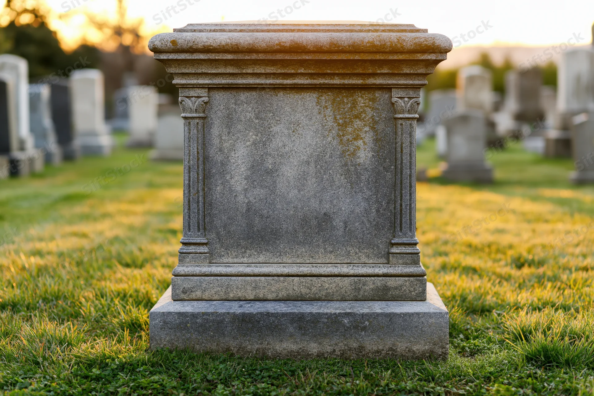 Large blank granite headstone with carved columns in a cemetery at sunset