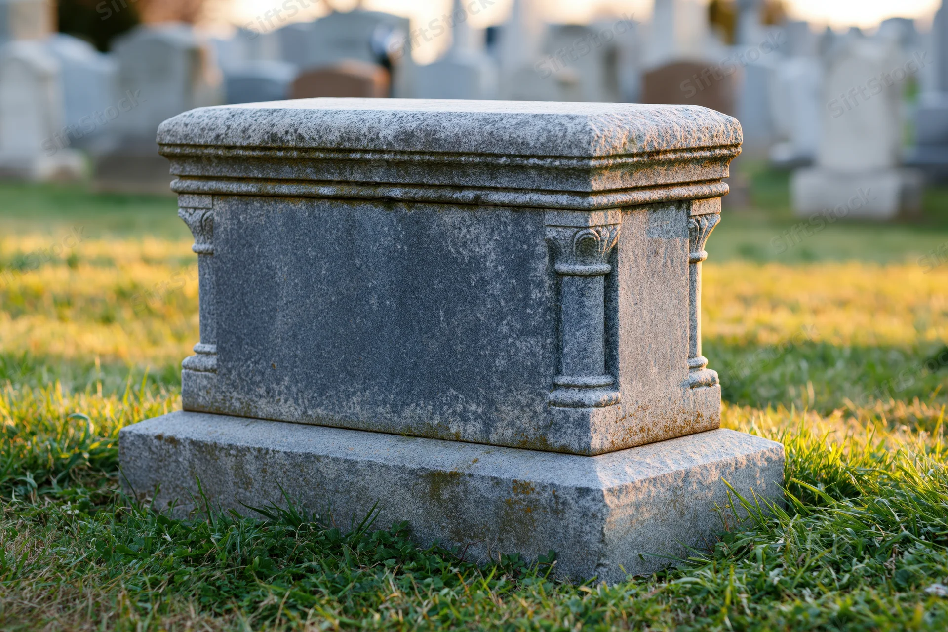 Large blank granite headstone with carved columns on grass in cemetery