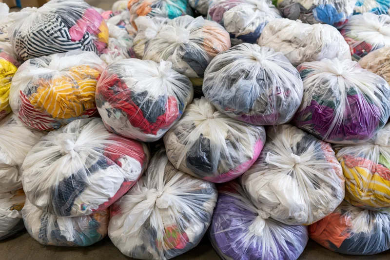 Large pile of clear plastic bags filled with mixed clothing and textiles stacked on floor