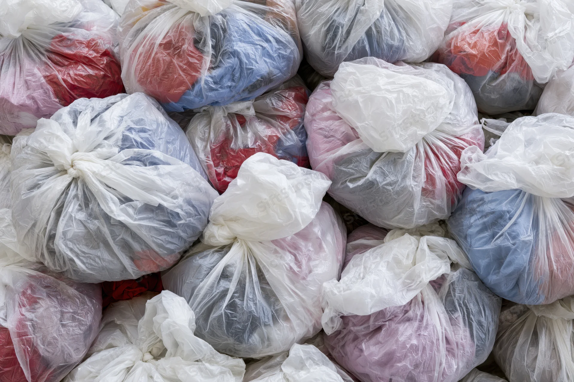 Large pile of clear plastic bags filled with secondhand clothing, stacked tightly together
