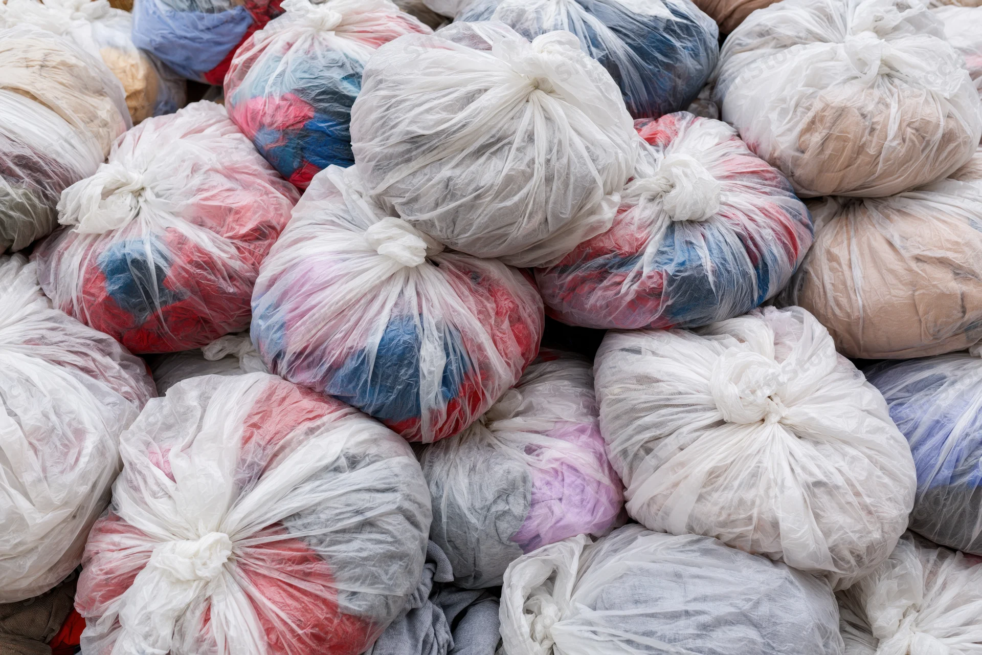 Pile of clear plastic bags filled with secondhand clothing stacked together