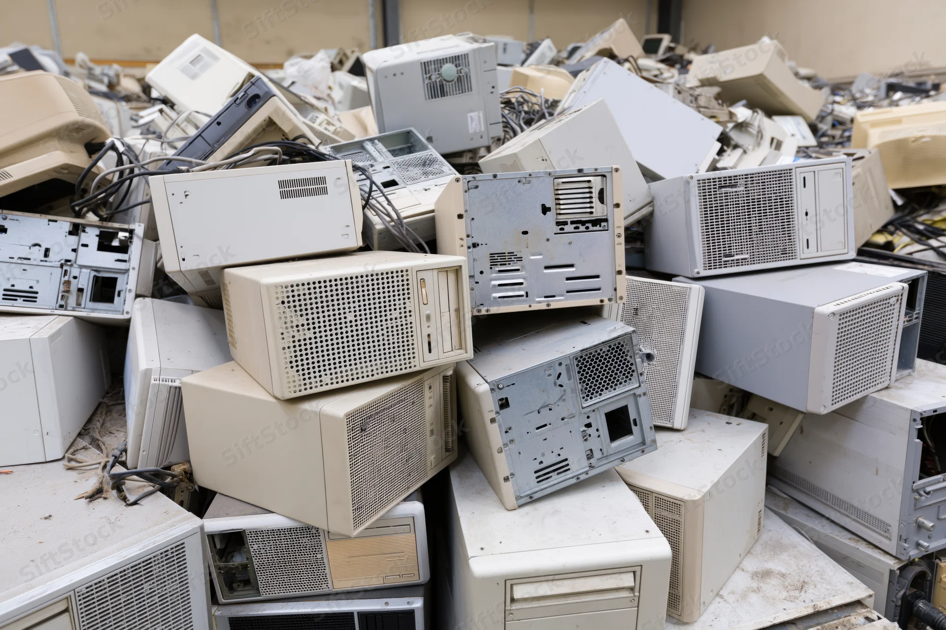 Pile of discarded desktop computer towers and pc cases in a recycling facility