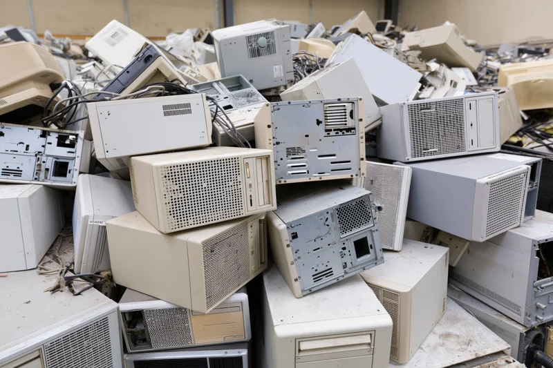 Pile of discarded desktop computer towers and pc cases in a recycling facility