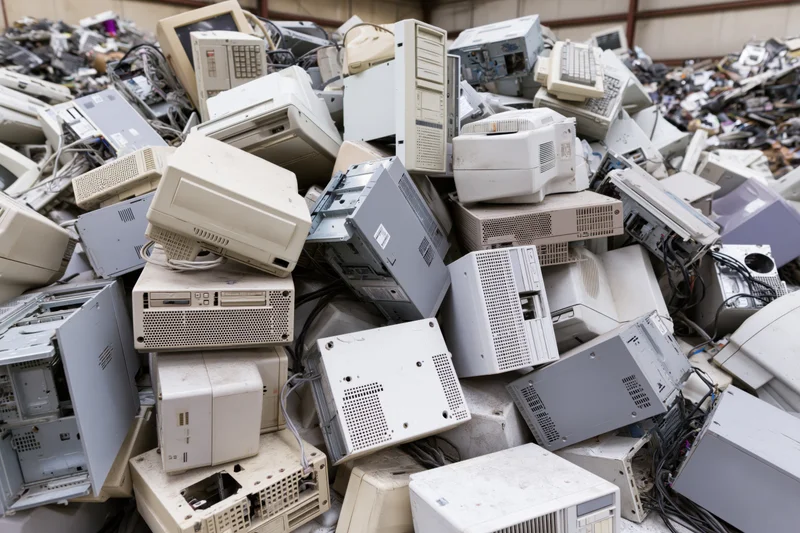 Pile of discarded desktop computer towers and cases in a recycling facility