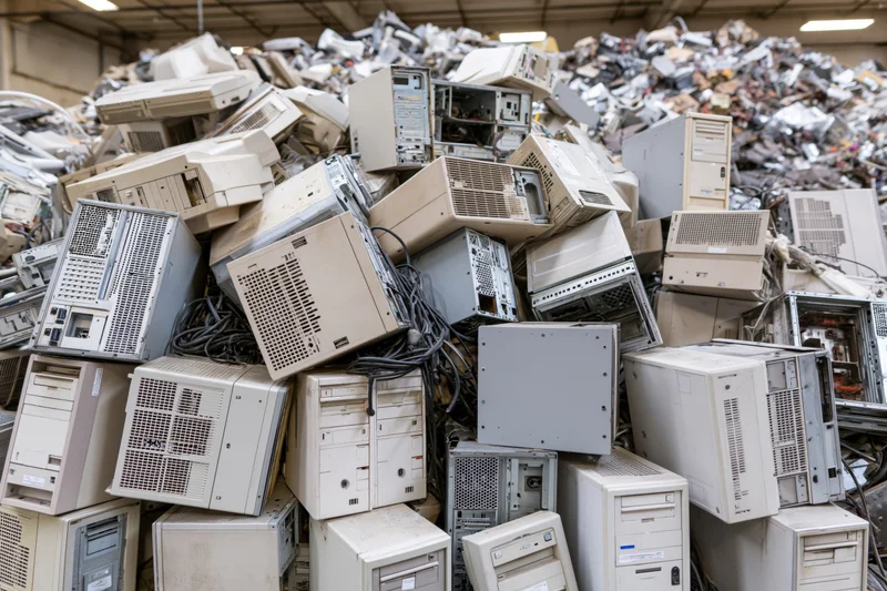 Large pile of discarded desktop computer towers and pc cases in a warehouse recycling facility