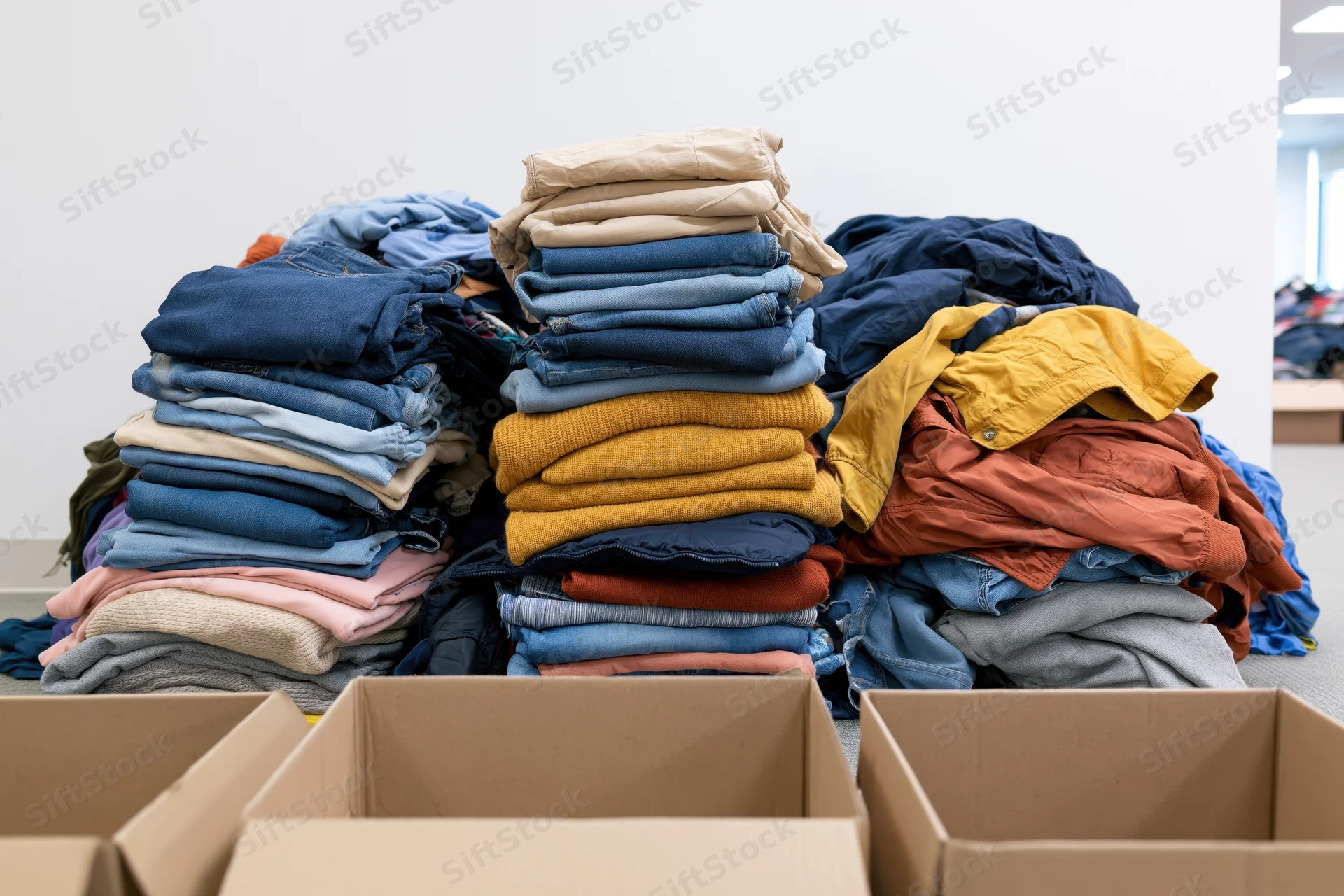 Large pile of folded donated clothing stacked in a donation center with open cardboard boxes in front