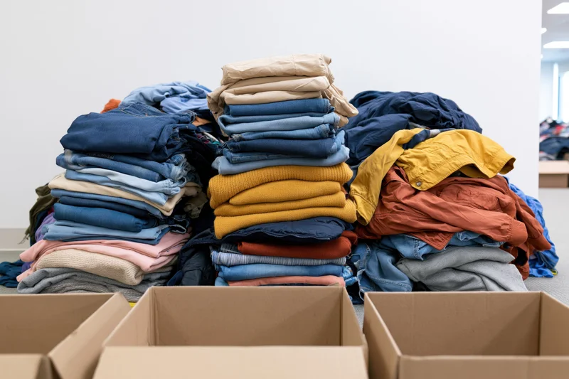 Large pile of folded donated clothing stacked in a donation center with open cardboard boxes in front