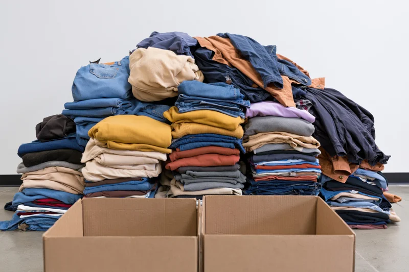 Large pile of folded donated clothing stacked against a white wall with two open cardboard boxes in front
