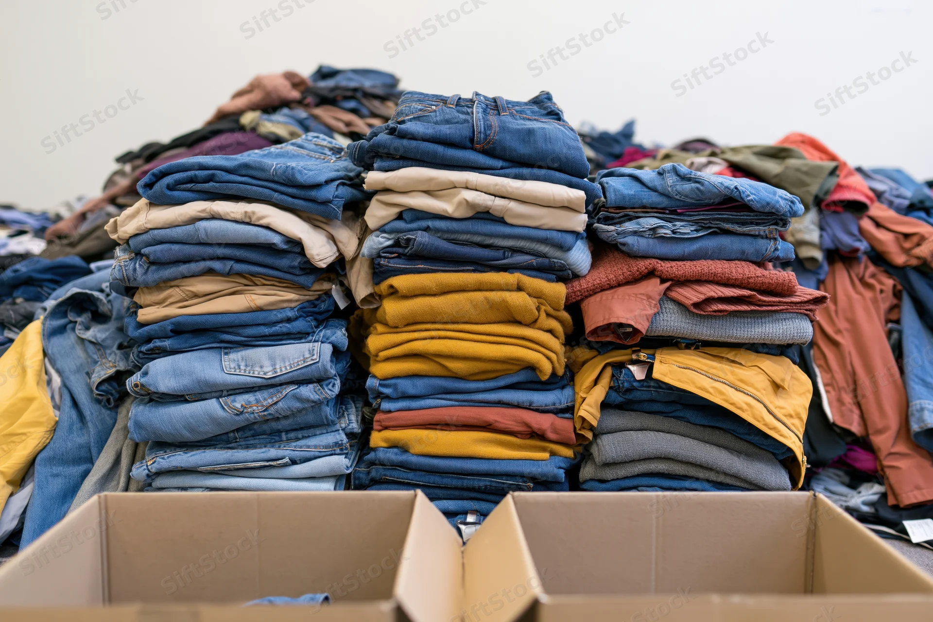 Folded donated clothing stacked in piles with cardboard boxes in foreground
