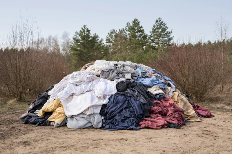 Large pile of discarded clothing and textiles dumped outdoors near forest edge