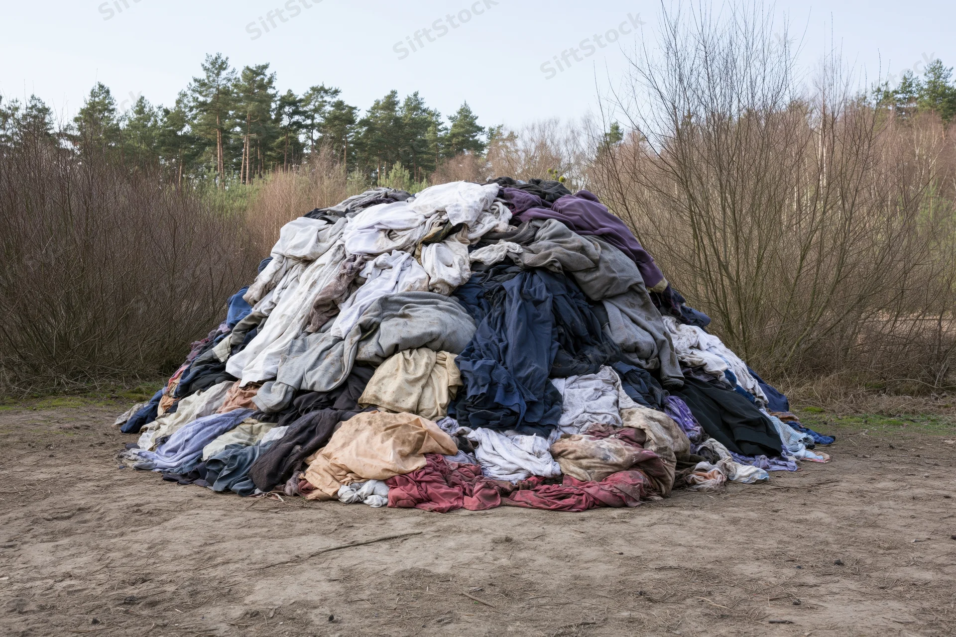 Large pile of discarded clothing and textiles dumped outdoors in a rural area near trees