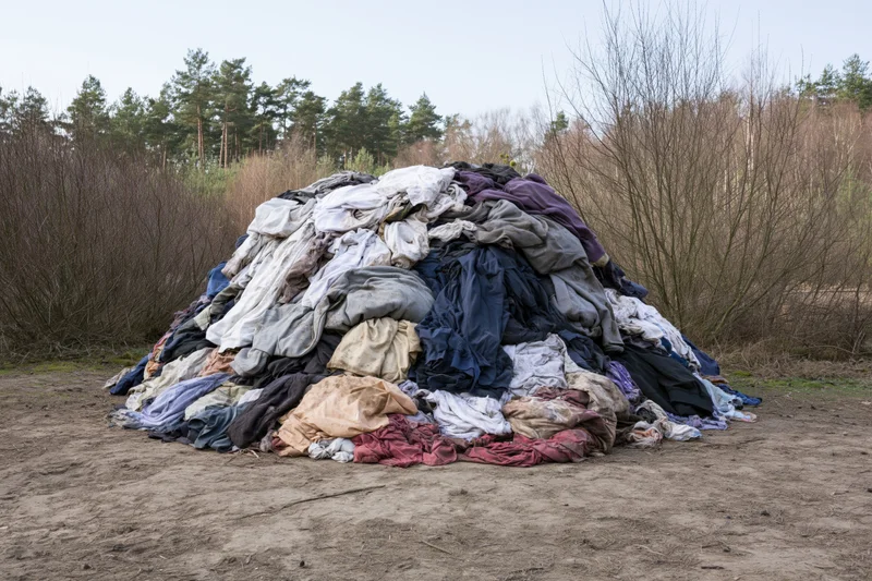 Large pile of discarded clothing and textiles dumped outdoors in a rural area near trees