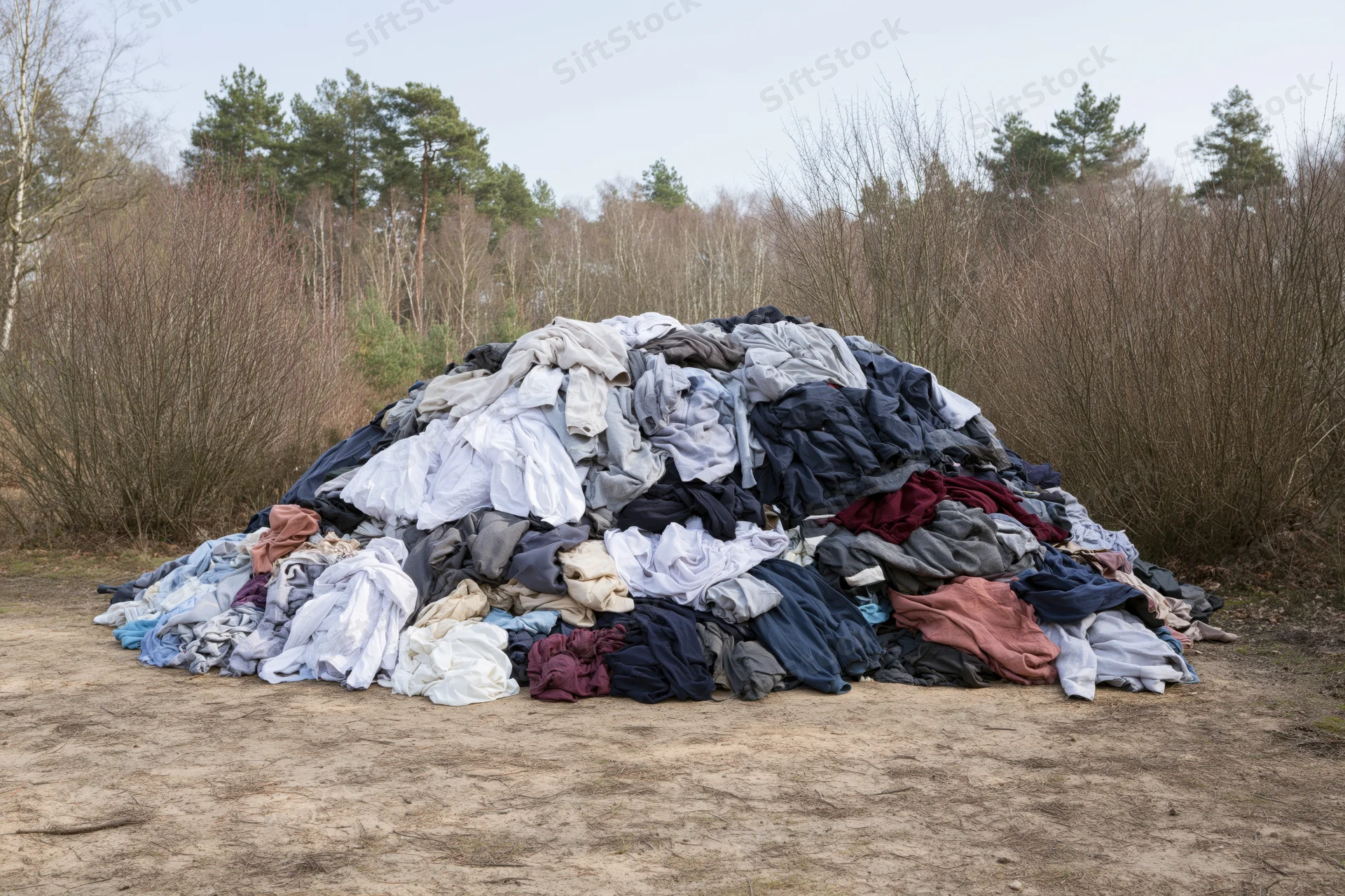 Large pile of discarded clothing and textiles dumped outdoors near forest edge