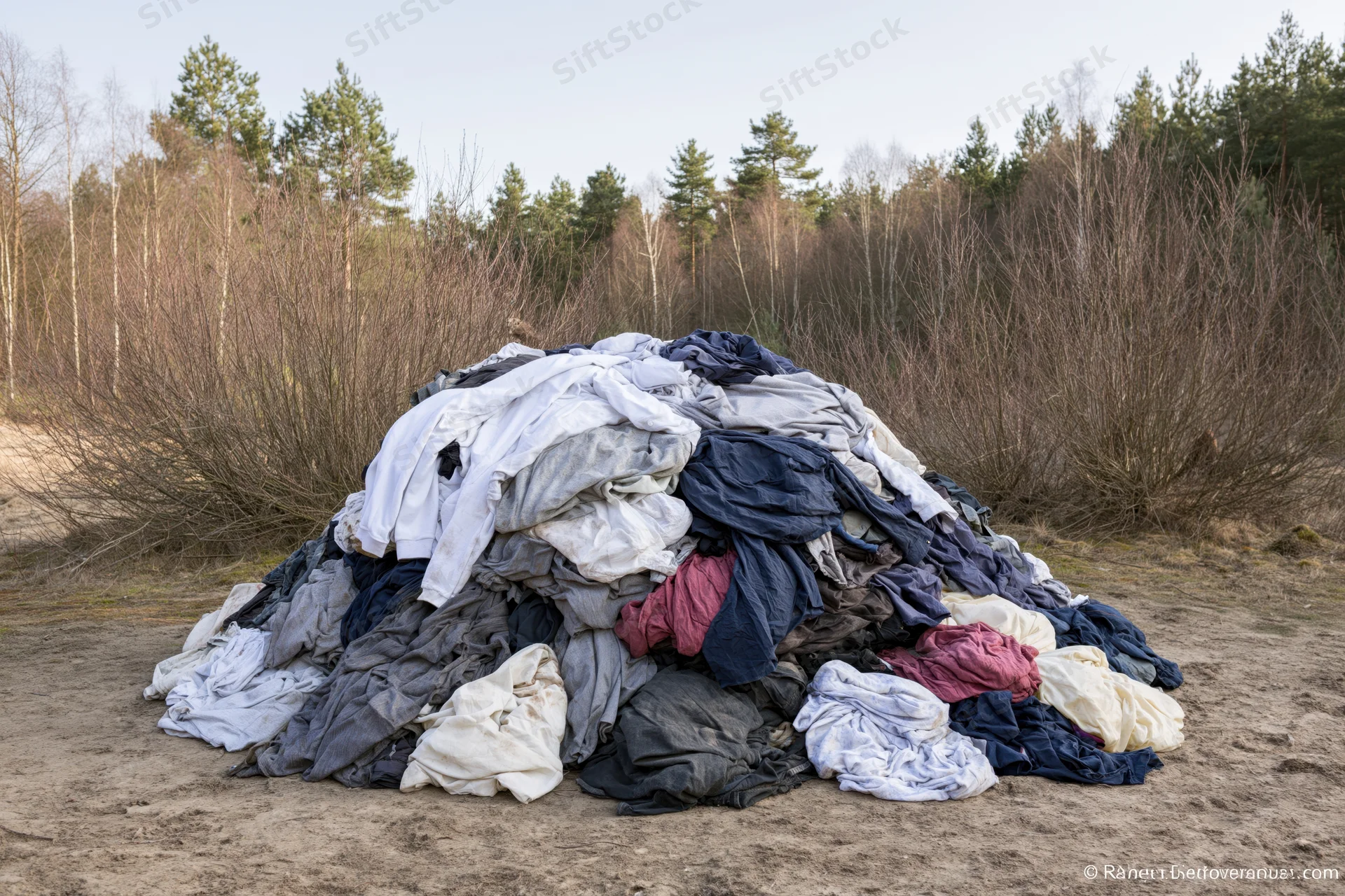 Large pile of discarded clothing and textiles heaped on dirt ground in forested area