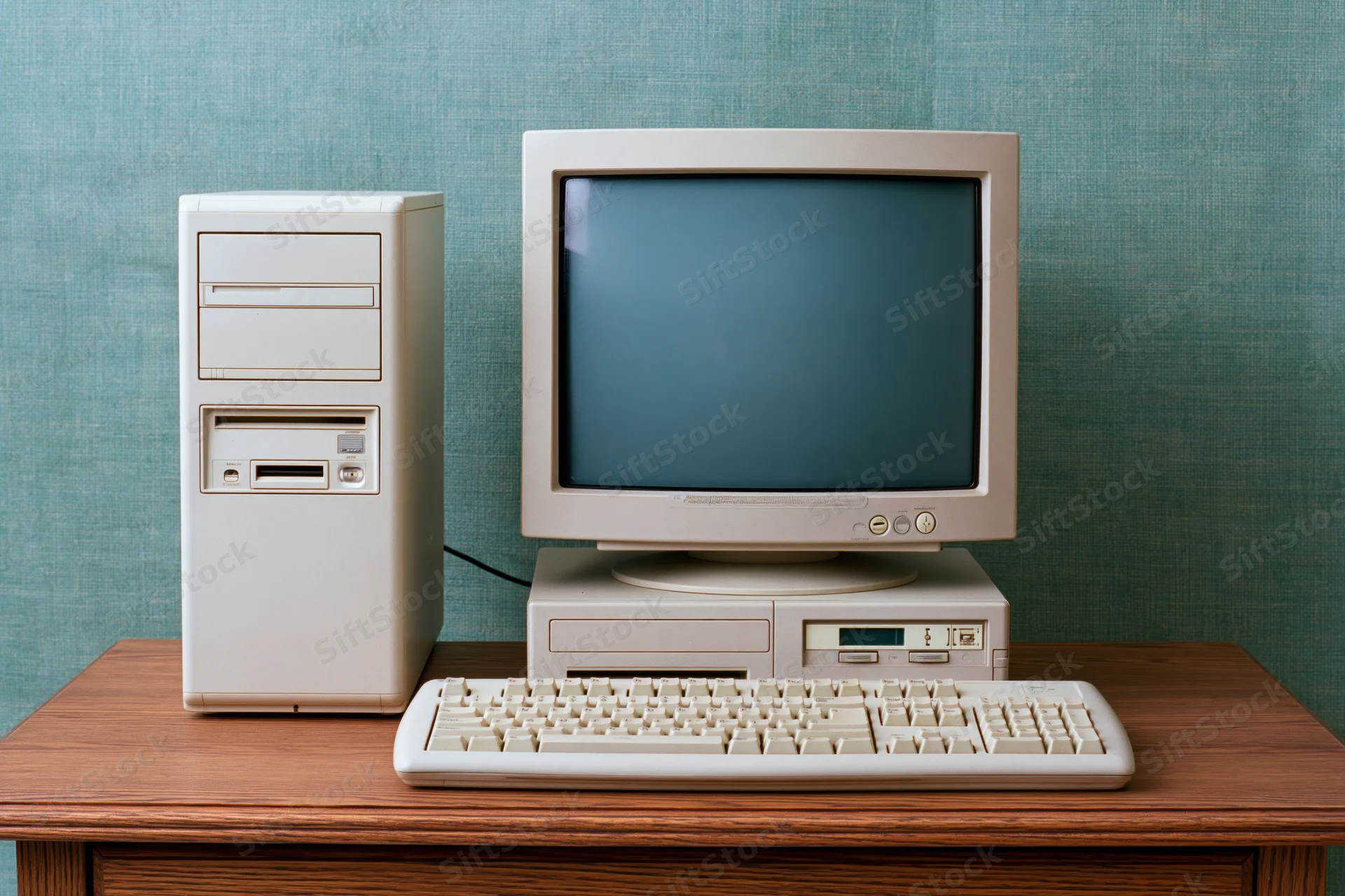 Vintage beige desktop computer with crt monitor and keyboard on wooden desk