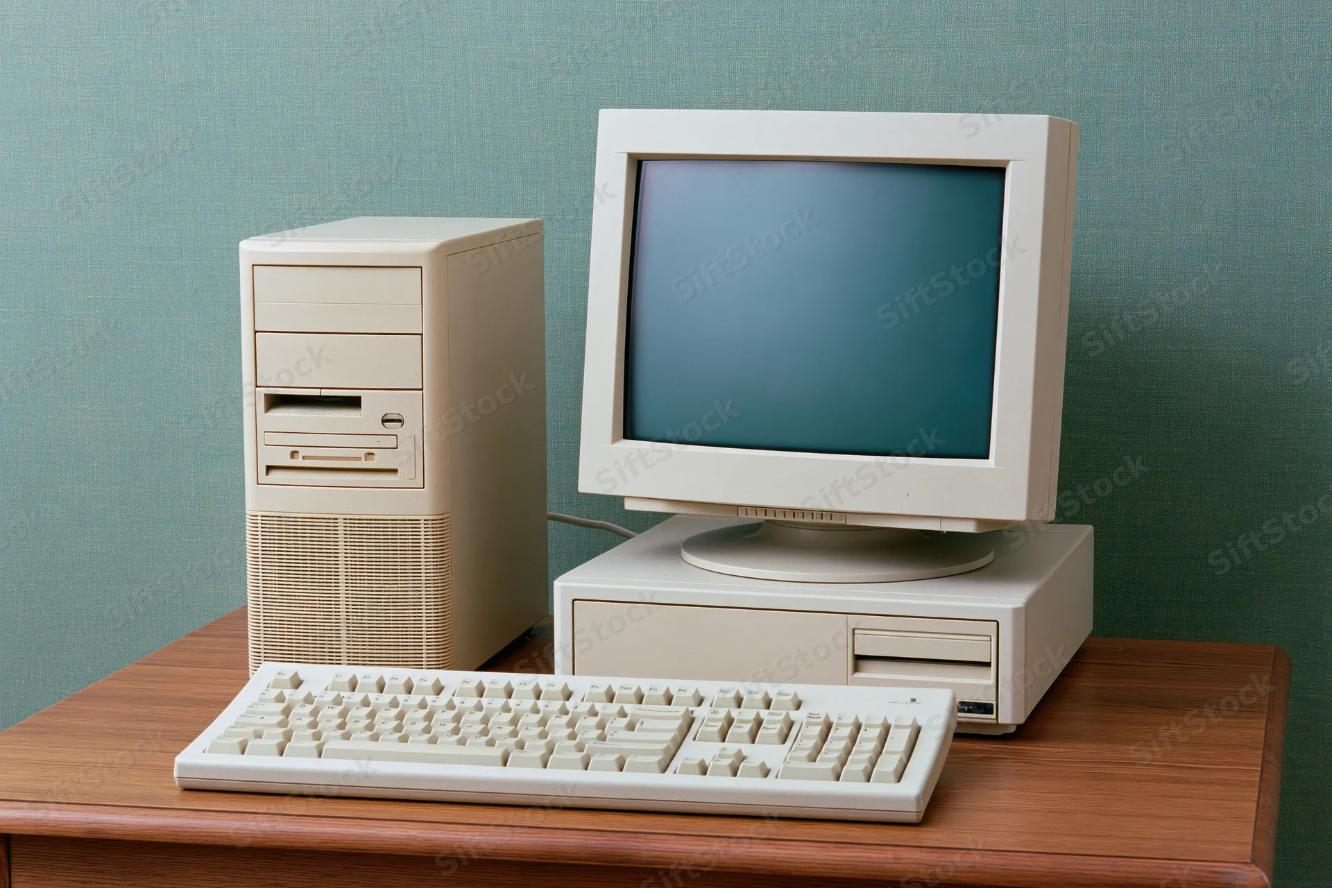Beige desktop computer with crt monitor and keyboard on wooden desk