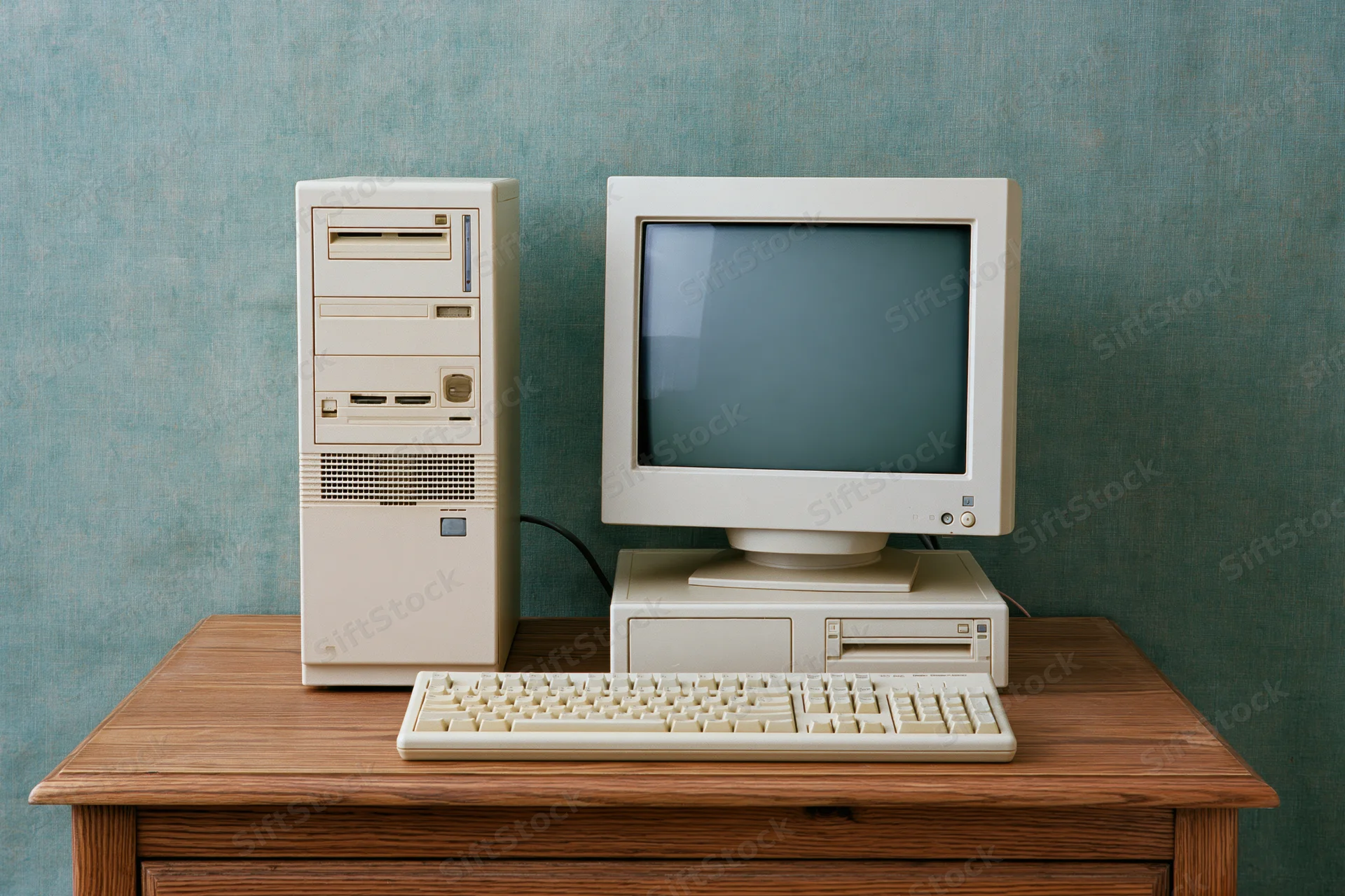 Vintage beige desktop computer with crt monitor and keyboard on wooden desk