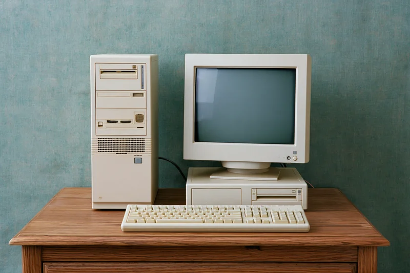 Vintage beige desktop computer with crt monitor and keyboard on wooden desk