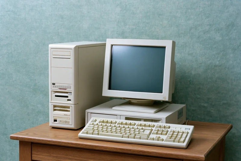 Vintage beige desktop computer with crt monitor and keyboard on wooden desk