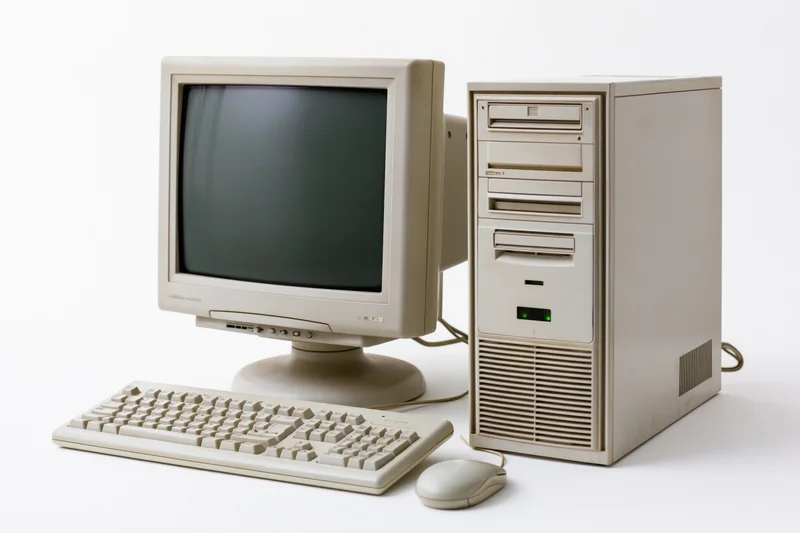 Vintage beige desktop computer setup with crt monitor, keyboard and mouse on white background