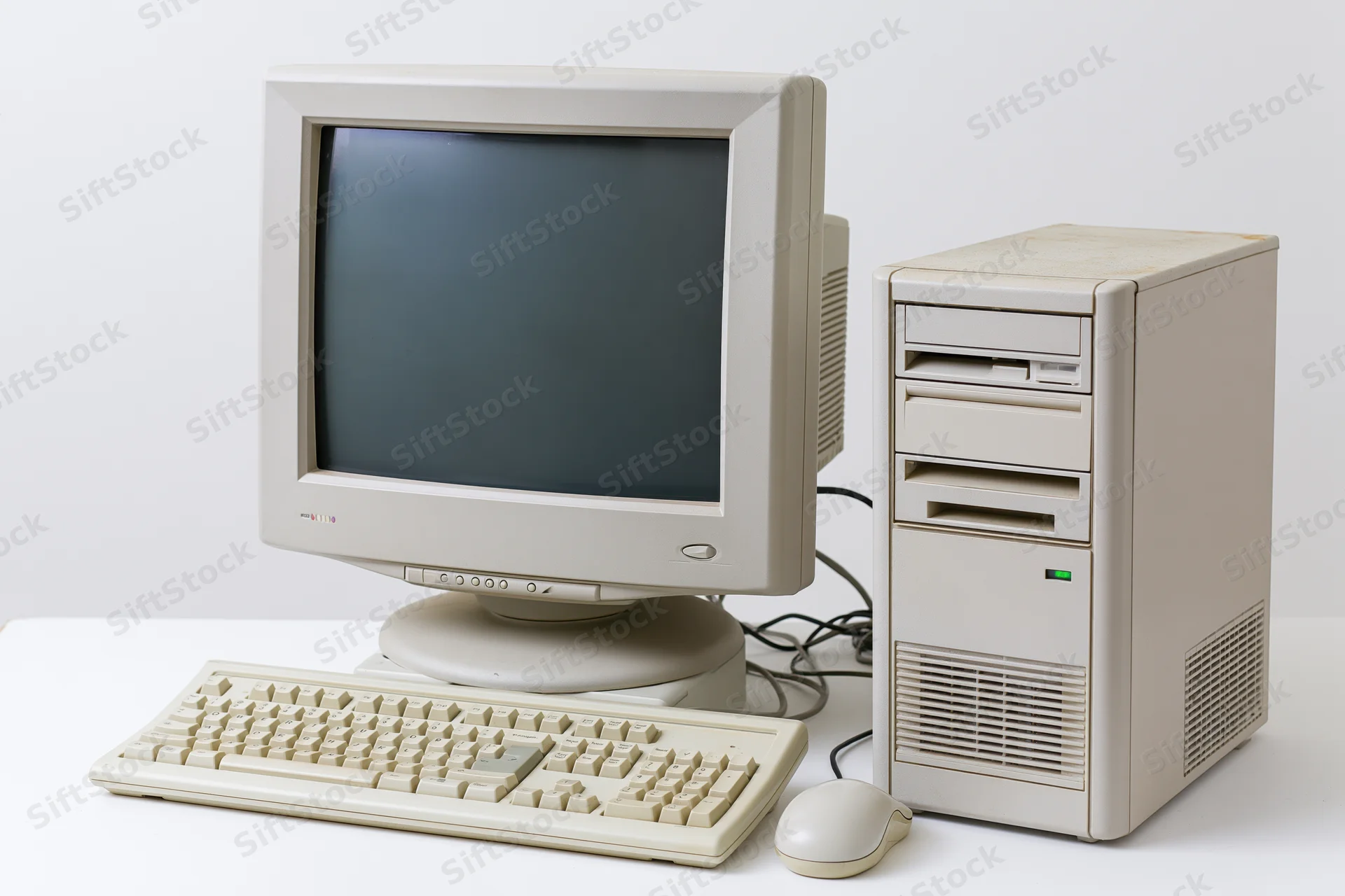 Vintage beige desktop computer setup with crt monitor, keyboard and mouse on white surface