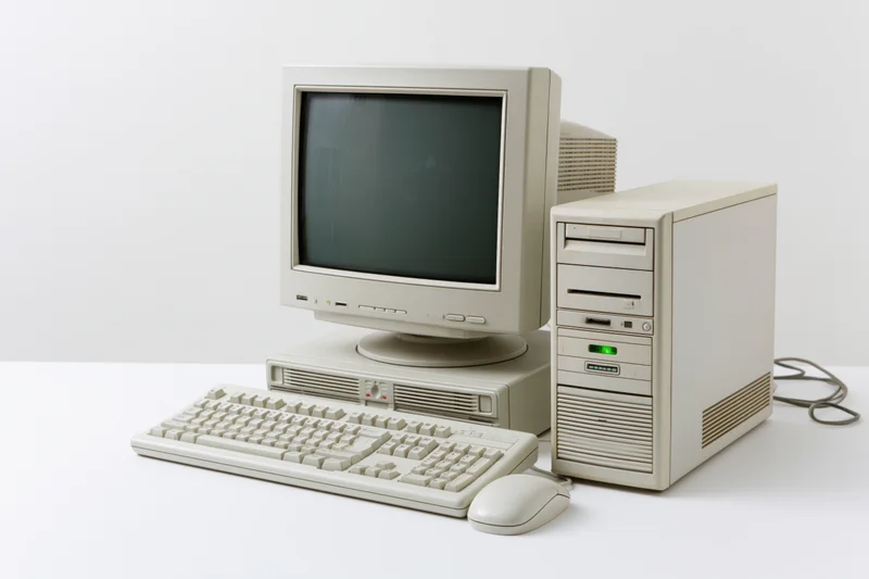 Vintage beige desktop computer setup with crt monitor, keyboard and mouse on white surface