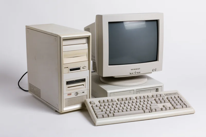 Vintage beige desktop computer setup with tower case, crt monitor, and keyboard on white background