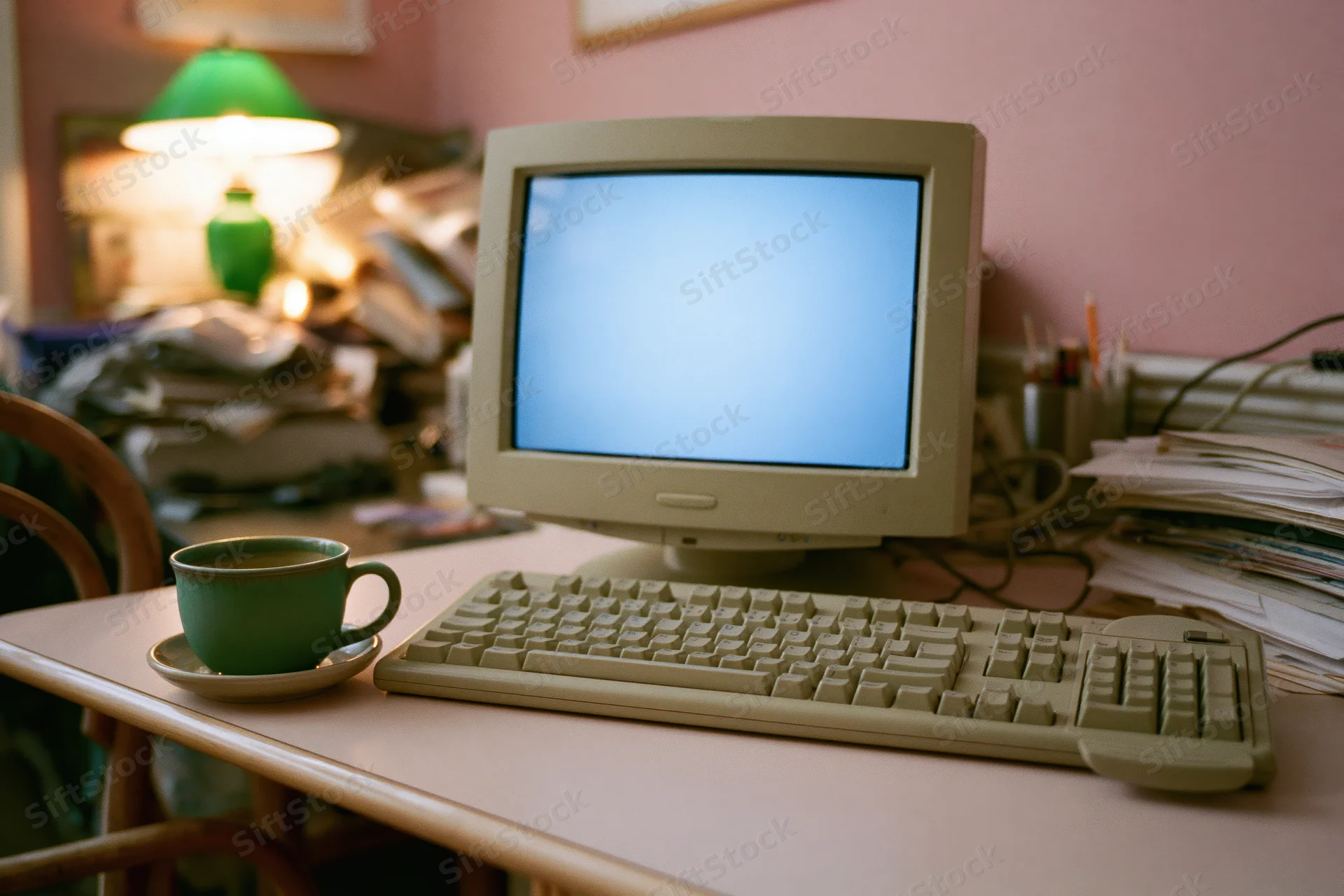 Beige crt computer on cluttered desk with green mug and lamp in vintage office
