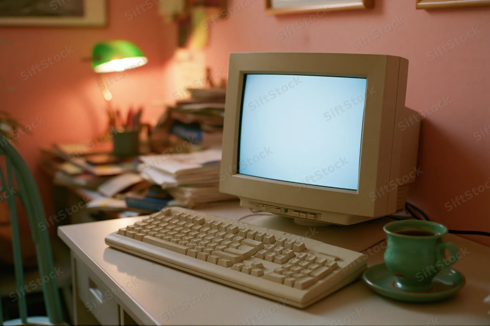 Vintage beige crt computer on a cluttered desk with a green mug and lamp in a warm-lit office space