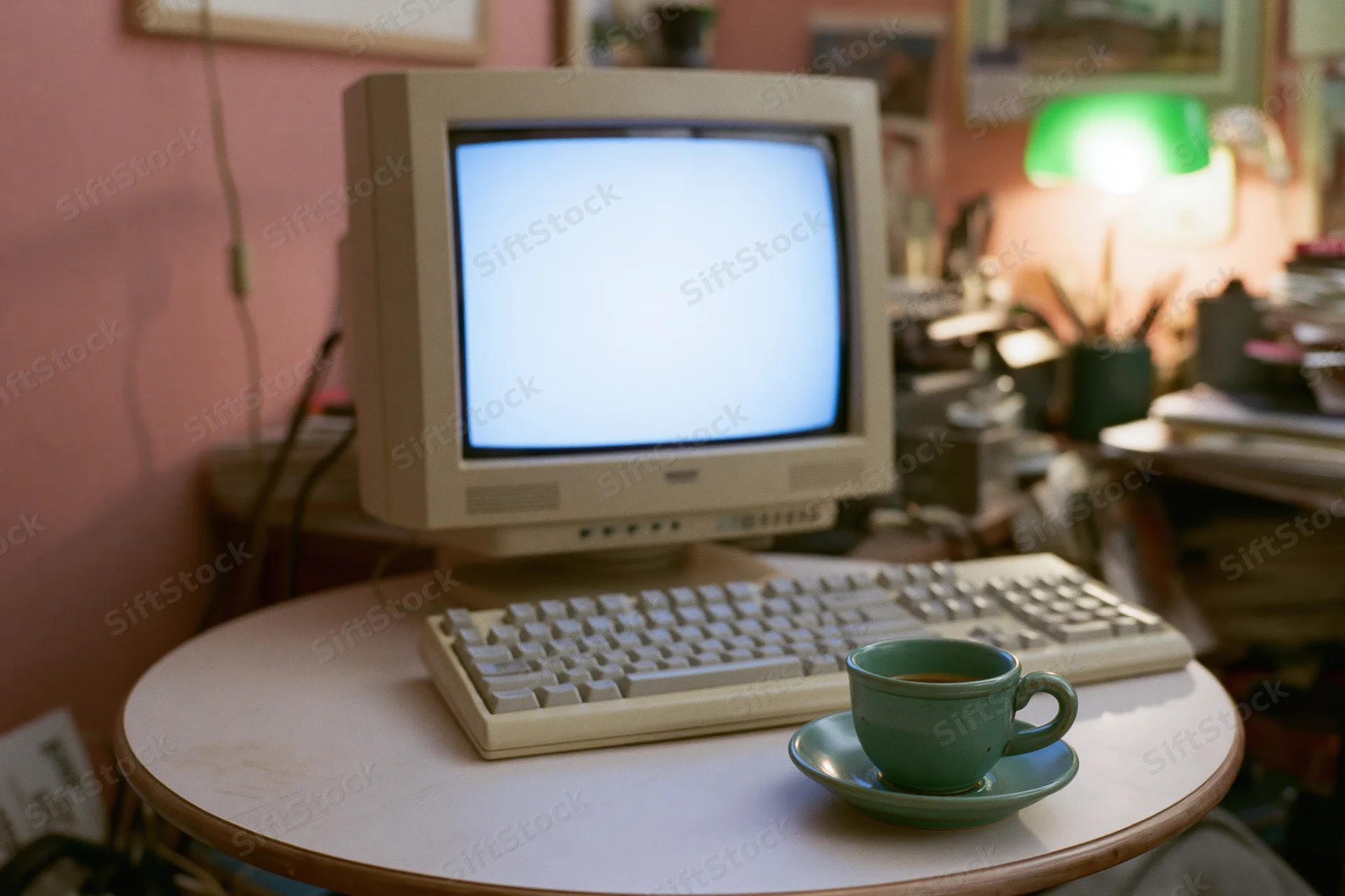 Vintage beige crt computer monitor with keyboard on round desk beside green coffee cup, in cluttered 1990s office space