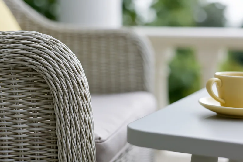 Light grey woven rattan armchair with soft cushion on patio beside white table holding yellow cup and saucer