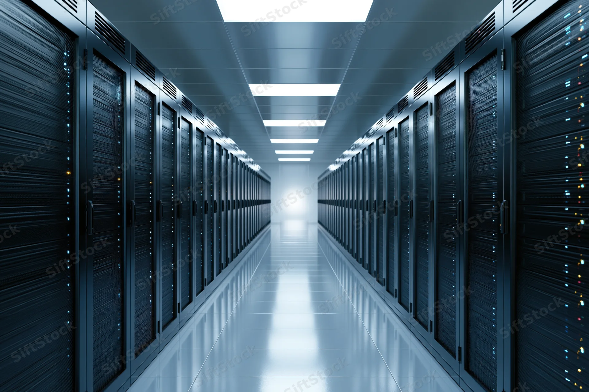 Long corridor of server racks in a data center with symmetrical layout and bright overhead lighting