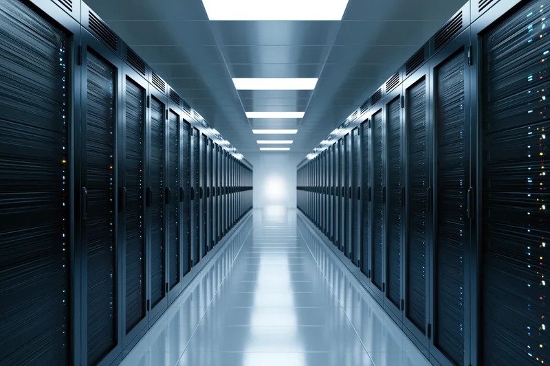 Long corridor of server racks in a data center with symmetrical layout and bright overhead lighting