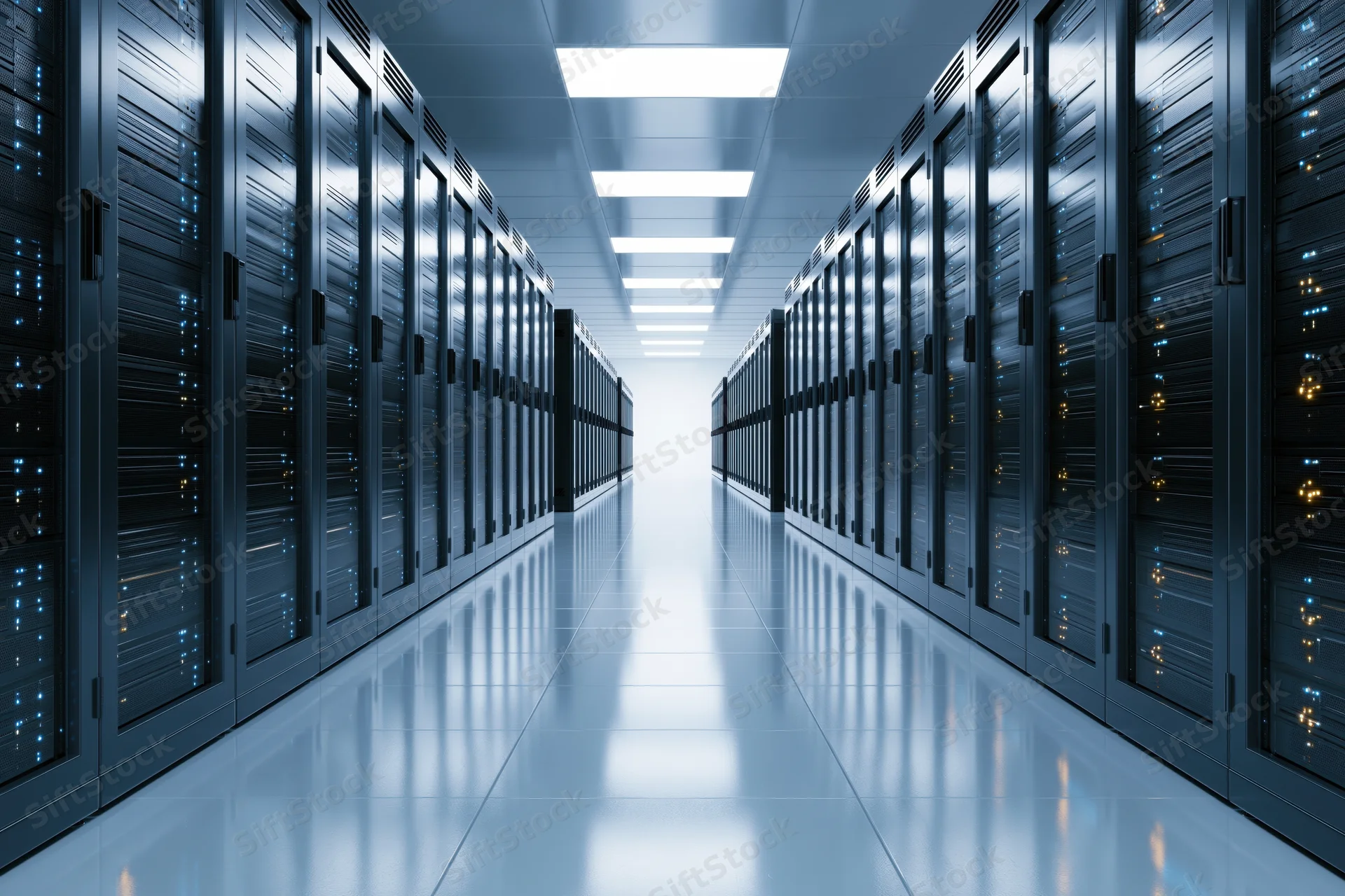 Long corridor of server racks in a data center with symmetrical layout and reflective floor