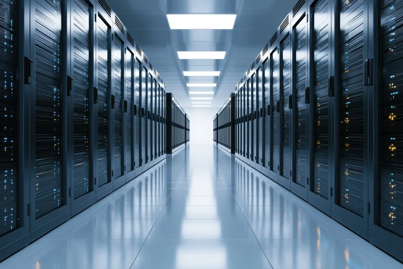 Long corridor of server racks in a data center with symmetrical layout and reflective floor