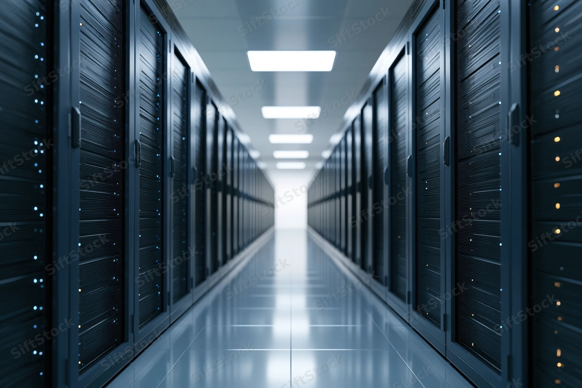 Long corridor of server racks in a data center with symmetrical layout and reflective floor