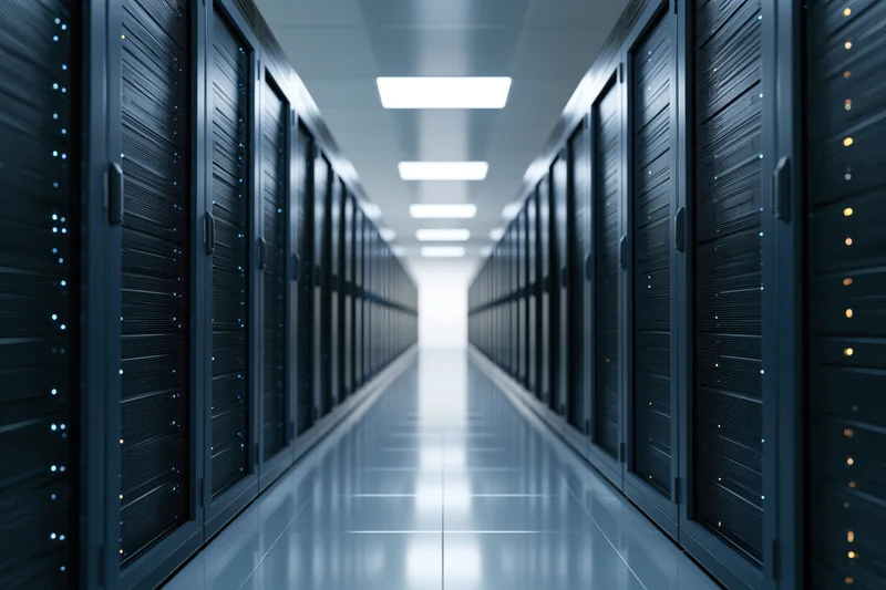 Long corridor of server racks in a data center with symmetrical layout and reflective floor