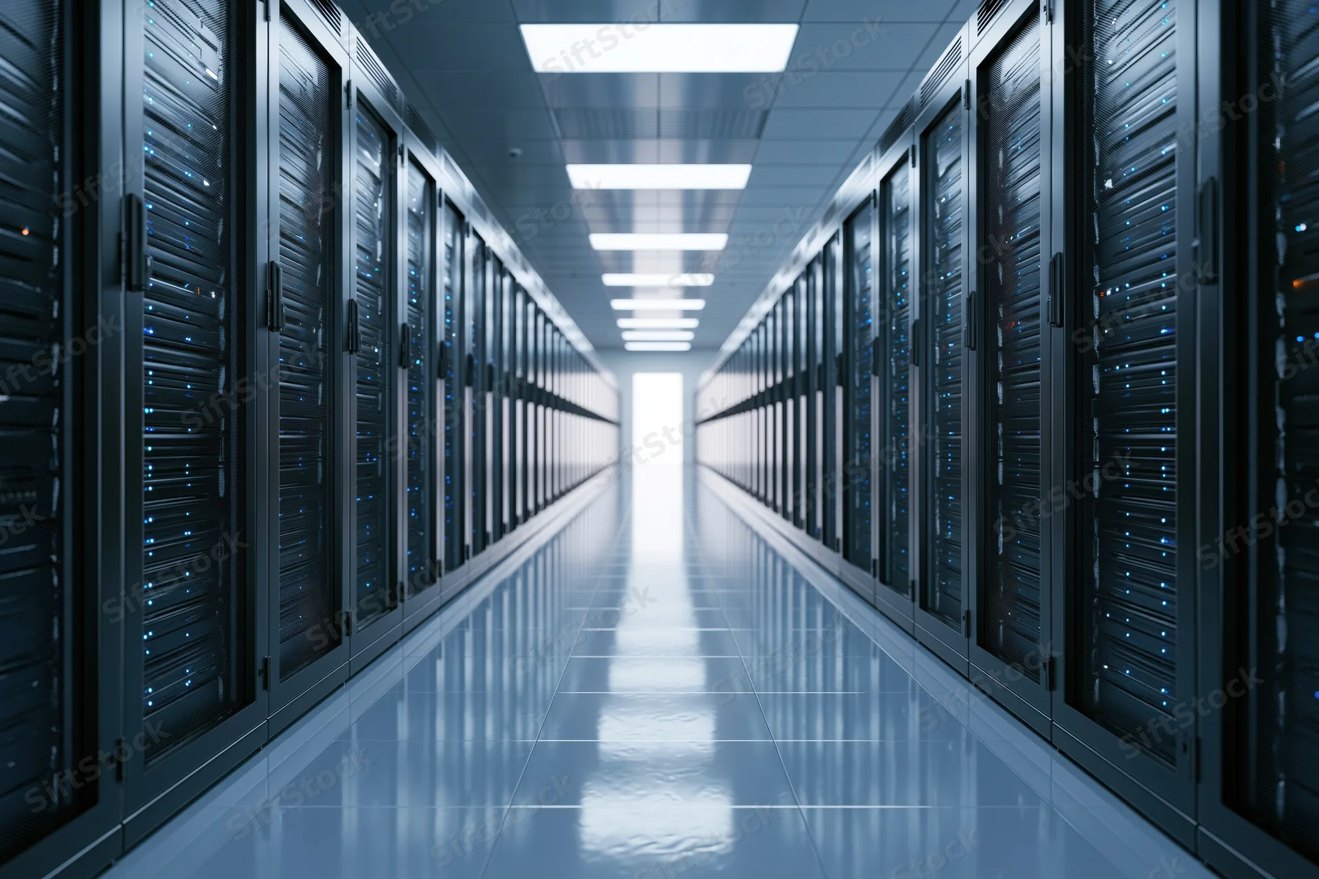 Long corridor of server racks in a data center with symmetrical layout and reflective floor