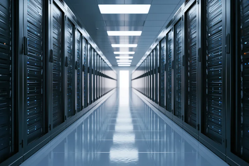 Long corridor of server racks in a data center with symmetrical layout and reflective floor