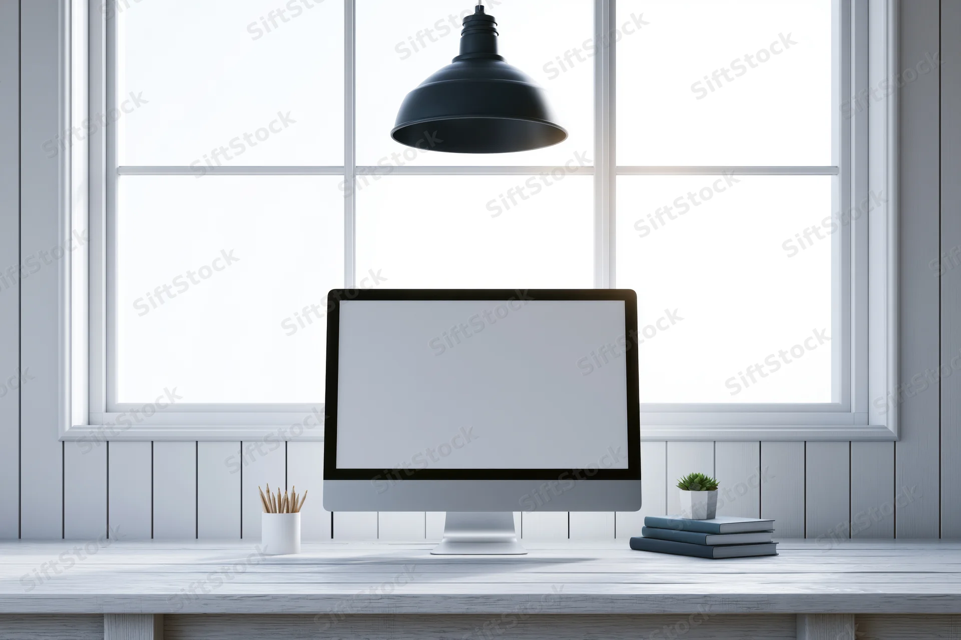 Blank-screen computer on a wooden desk by a window in a minimalist home office