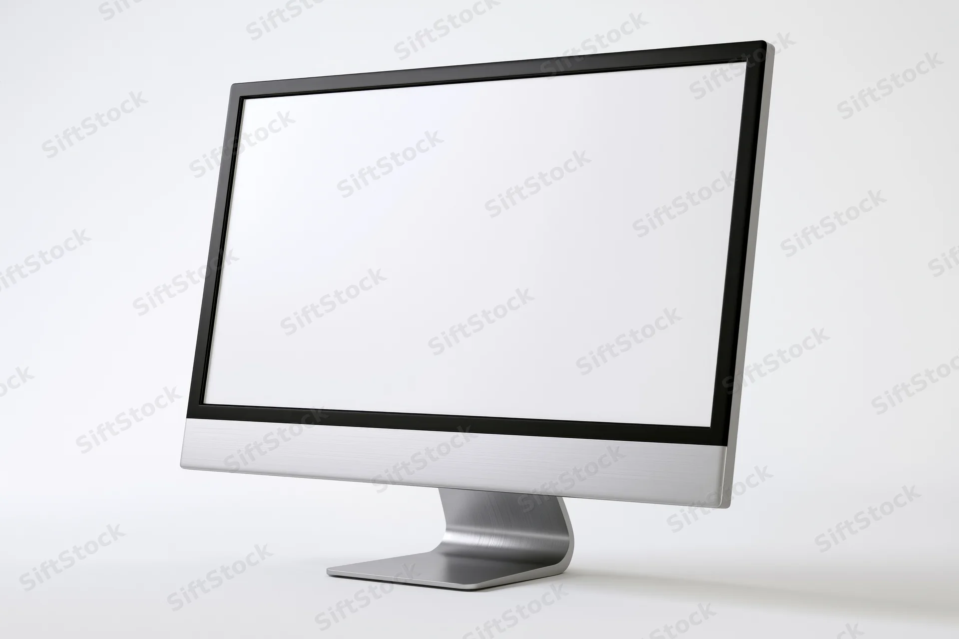 Modern all-in-one computer monitor with blank white screen on white background