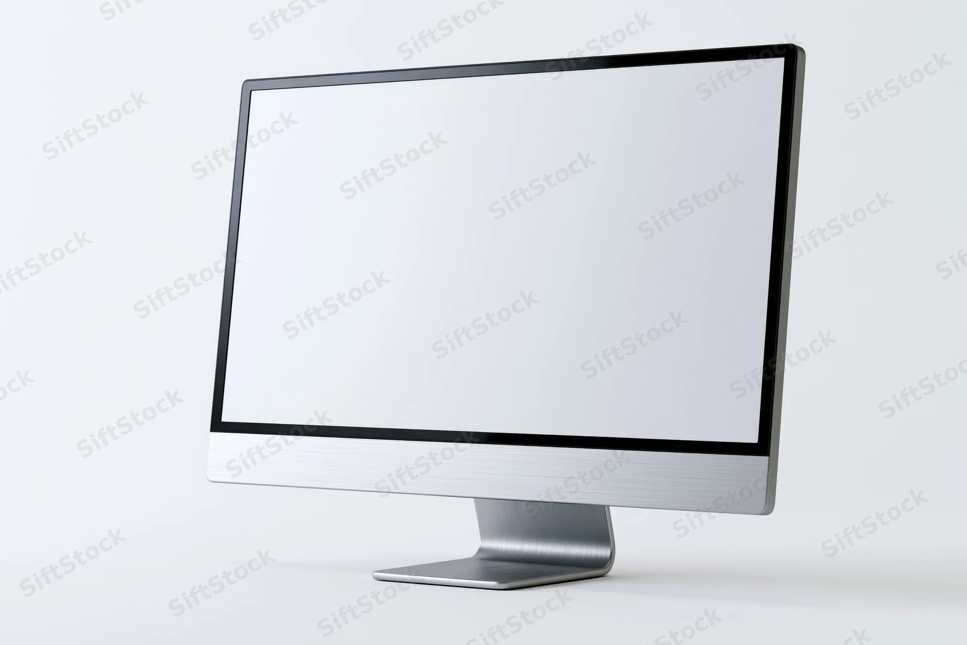 Modern all-in-one desktop computer monitor with blank white screen on white background