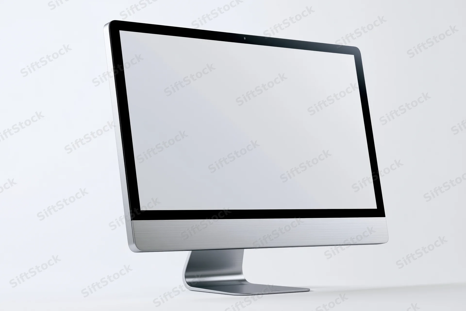 Modern all-in-one desktop computer monitor with blank white screen on white background