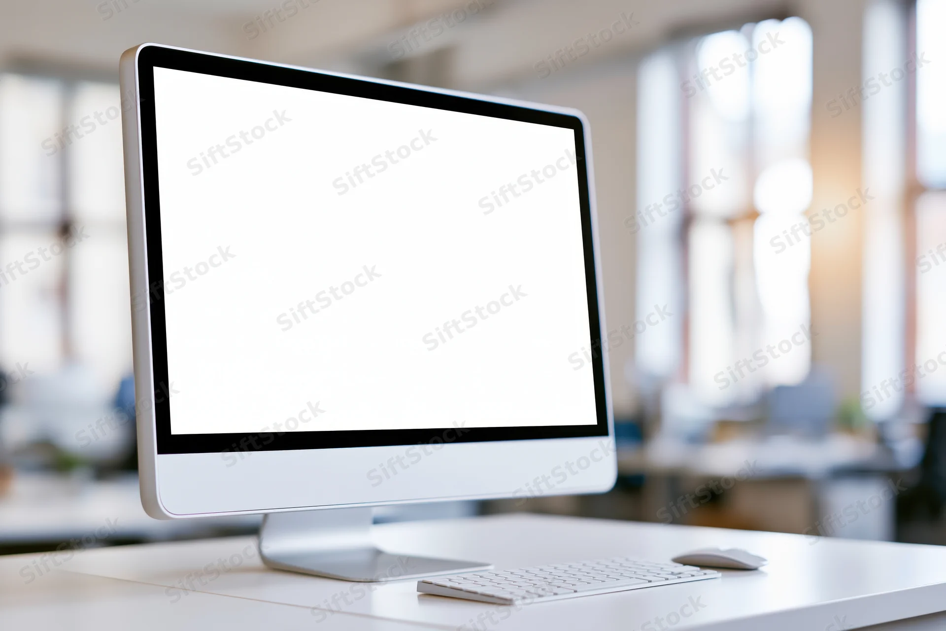 All-in-one desktop computer with blank white screen on a desk in a bright office