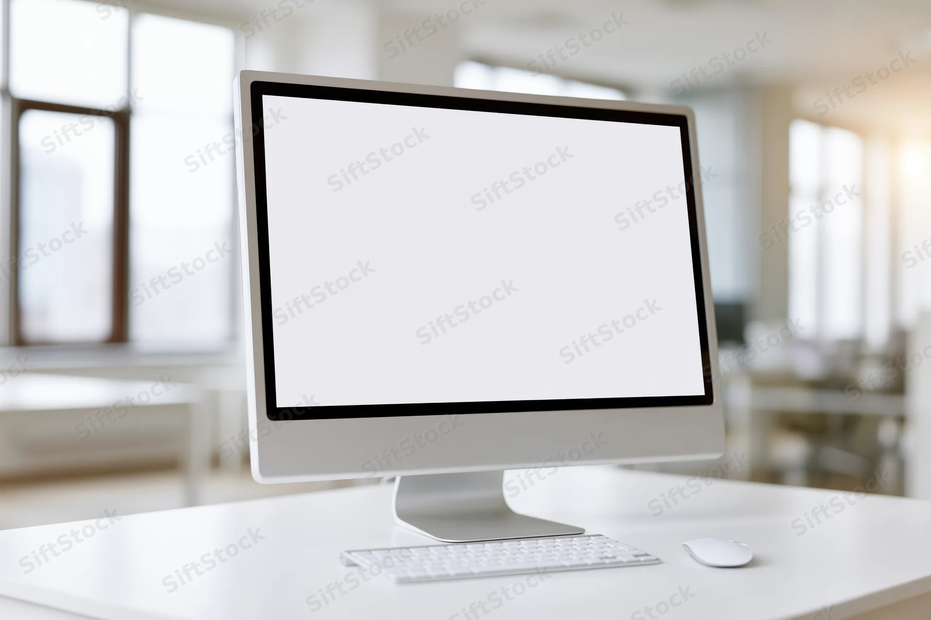 All-in-one desktop computer with blank white screen on a desk in a bright office