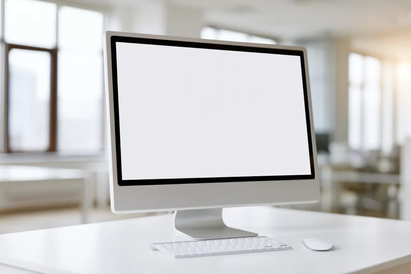 All-in-one desktop computer with blank white screen on a desk in a bright office
