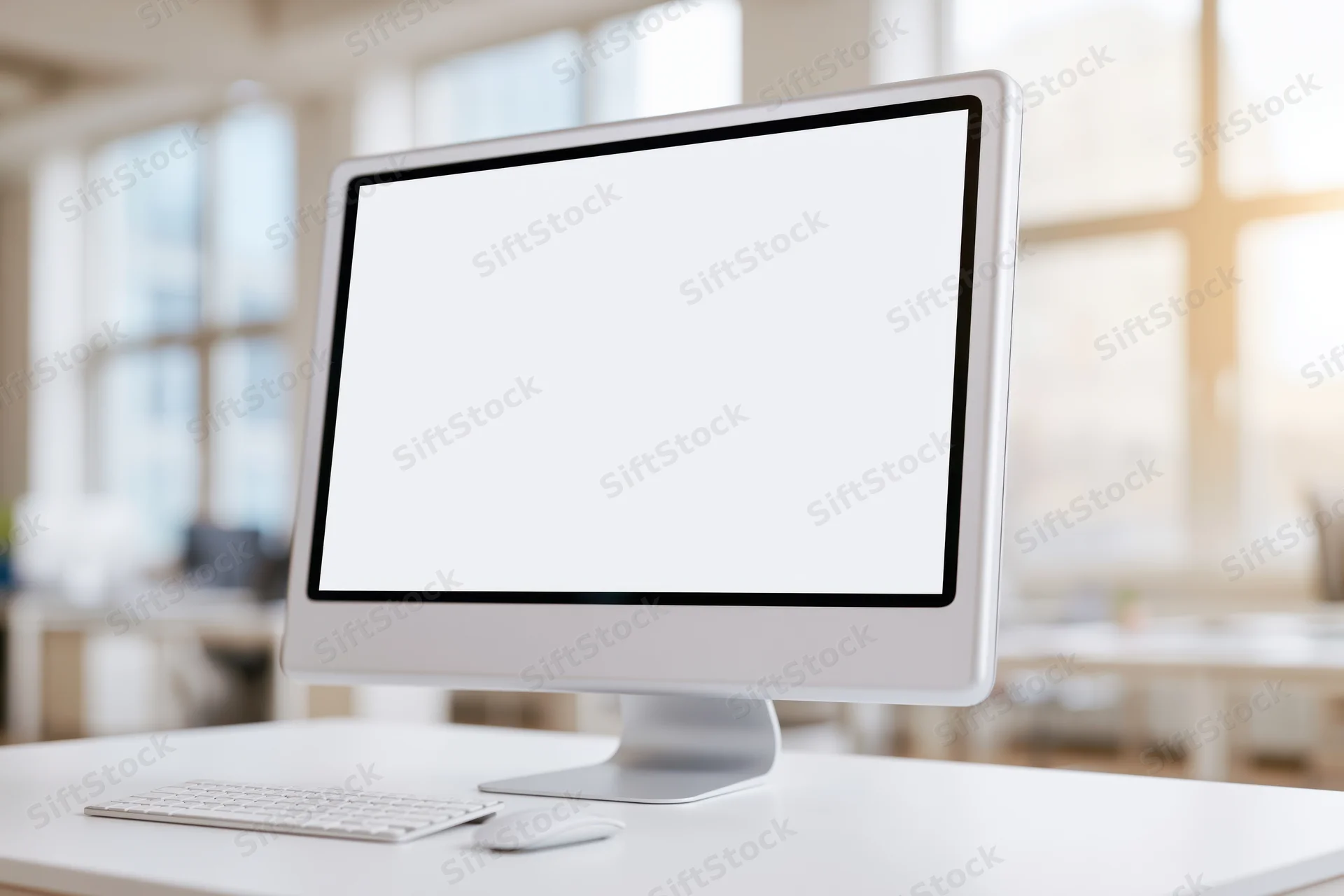 Modern all-in-one desktop computer with blank white screen on a desk in a bright office