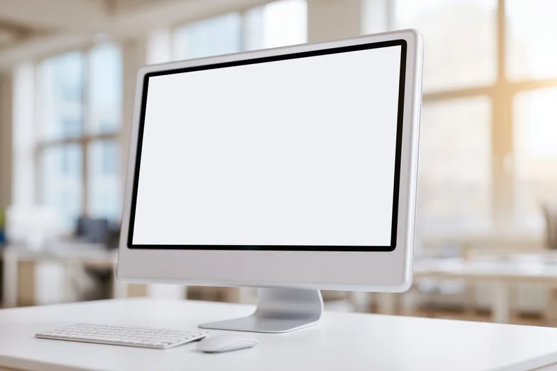 Modern all-in-one desktop computer with blank white screen on a desk in a bright office