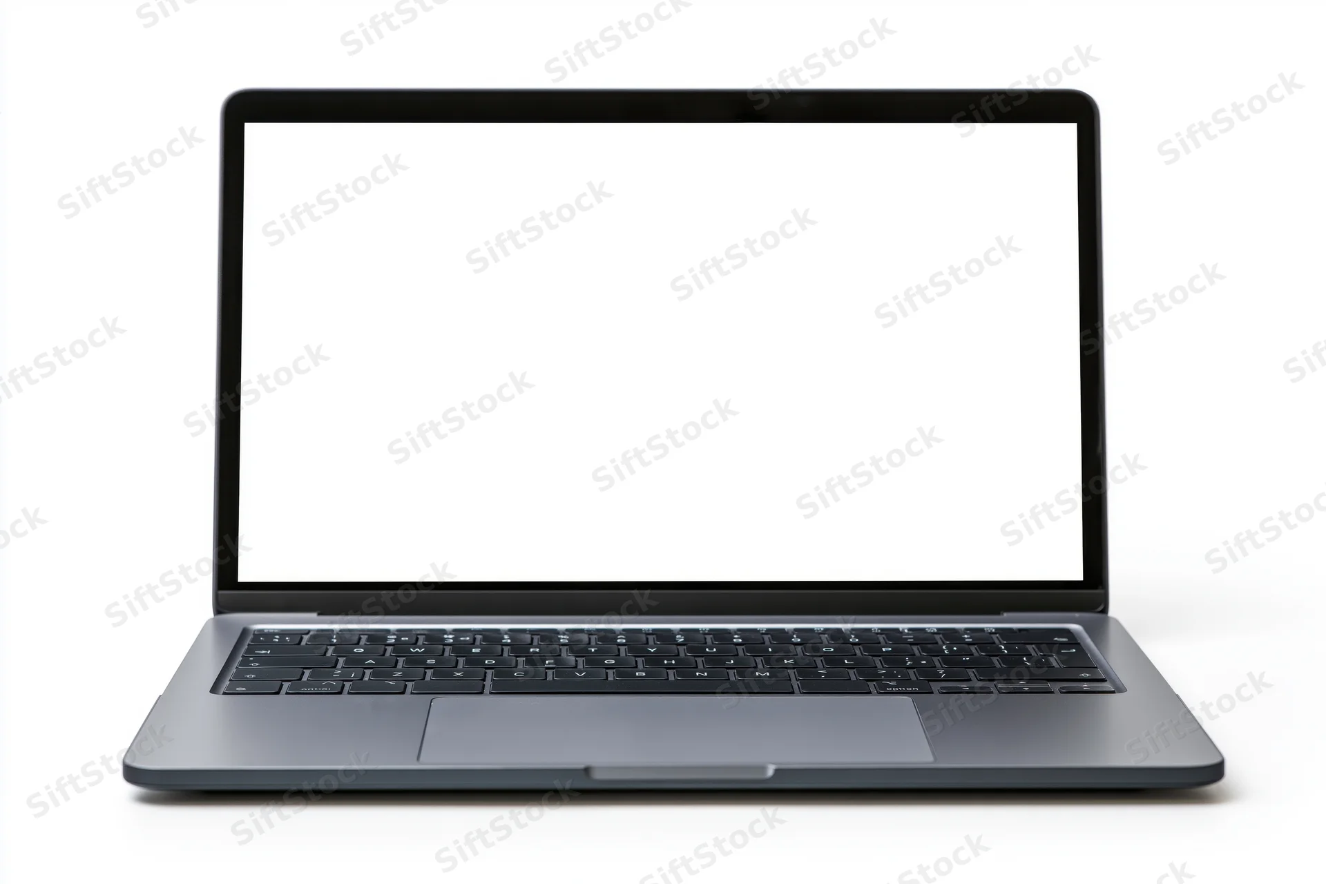 Open dark aluminum laptop with blank white screen on white background